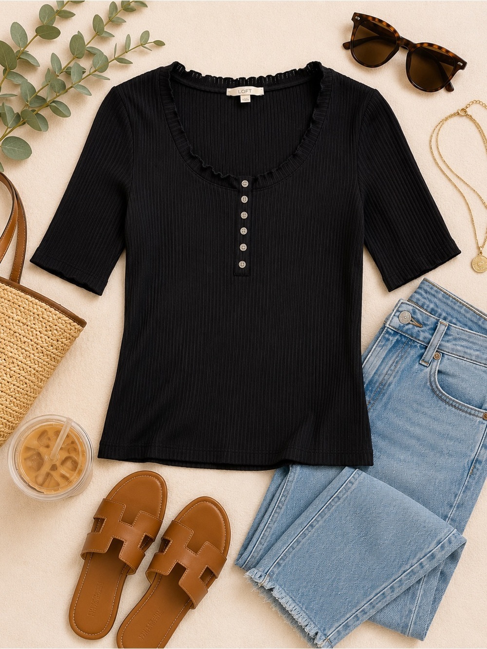 LOFT Ribbed Henley Top Small Black Lettuce Edge Knit Tee